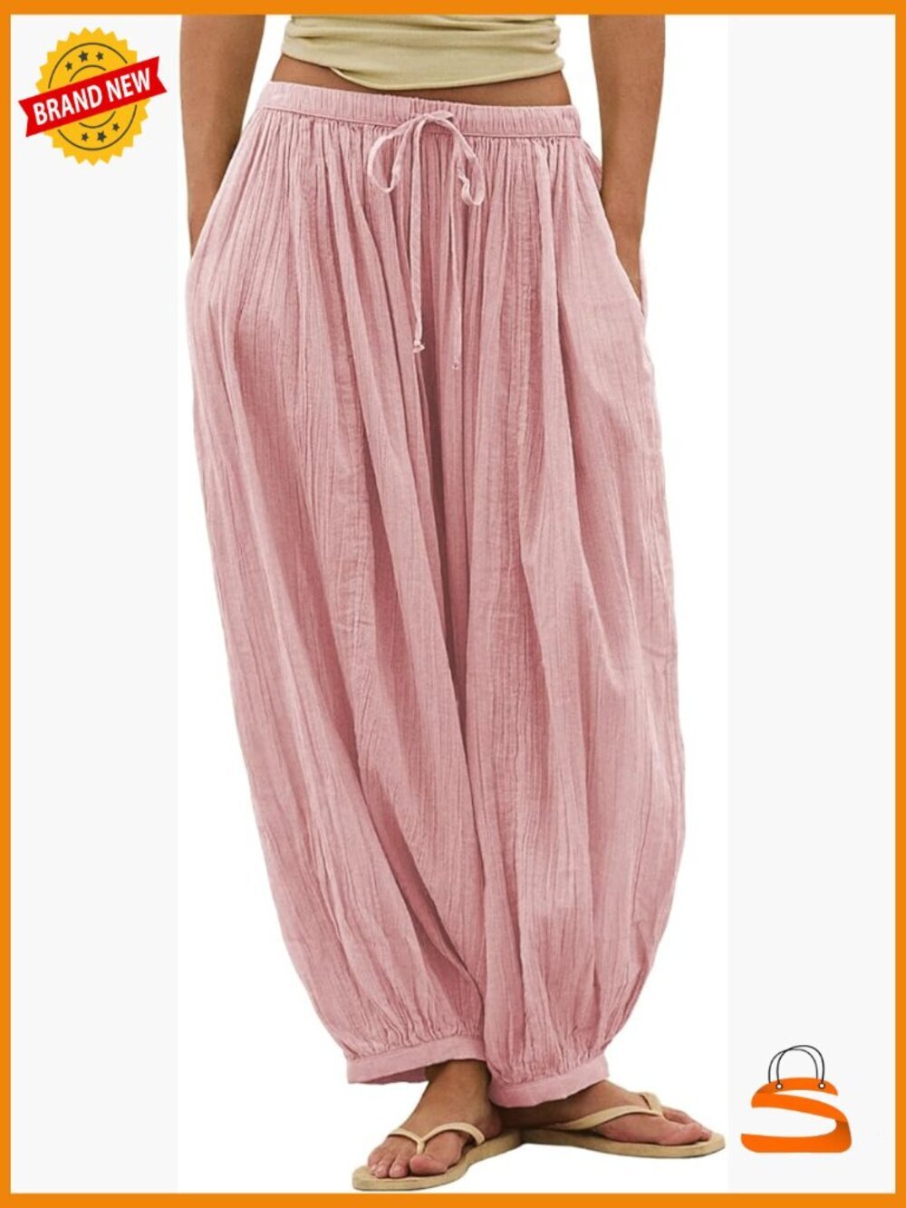 Women's Linen Blend Balloon Pants Drawstring Waist Casual Summer